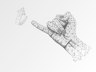 Origami Sign language J letter, hand that use the visual-manual modality to convey meaning. Polygonal space low poly style. People silent communication. Connection wireframe Raster on white background