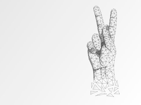 Origami Sign language K letter, hand that use the visual-manual modality to convey meaning. Polygonal space low poly style. People silent communication. Connection wireframe Raster on white background