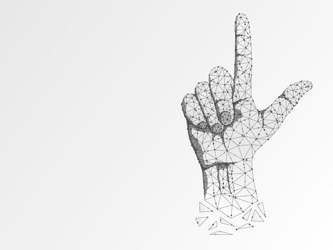 Origami Sign language L letter, hand that use the visual-manual modality to convey meaning. Polygonal space low poly style. People silent communication. Connection wireframe Raster on white background