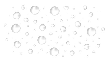 Vector realistic water drops on white background without shadows.  realistic, rain, water, foam, oxygen or spray. Different shapes and sizes. 3D realistic, close-up. - obrazy, fototapety, plakaty