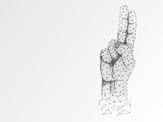 Origami Sign language U letter, hand with two fingers pointing up. Polygonal low poly style. Deaf People silent communication alphabet. Connection wireframe. Isolated raster on white background