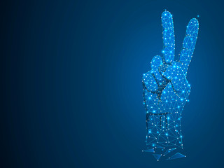 Sign language V letter, two fingers pointing up, hand in peace or victory symbol, Polygonal low poly. Deaf People silent communication alphabet. Connection wireframe. Raster on dark blue background