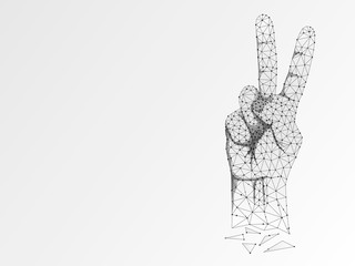Origami Sign language V letter, two fingers pointing up hand in peace or victory symbol, Polygonal low poly. Deaf People silent communication alphabet. Connection wireframe. Raster on white background