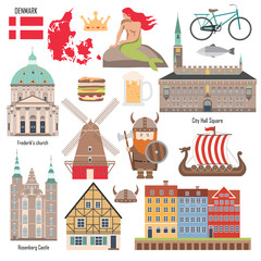 Set with architecture, national flag, mermaid, map and other Denmark symbols