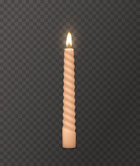 Candle with burning flame light isolated on transparent background. Vector 3D realistic wax candlelight element design.