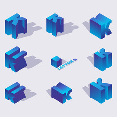 Isometric alphabet font english letter K. 3d effect letters, various foreshortening with flat shadows. Stock vector typeface for any typography design. Blue 3d letters.