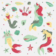 Caticorns and unicorns mermaid vector illustration