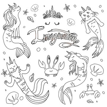 Caticorns and unicorns mermaid vector illustration, coloring page for kids