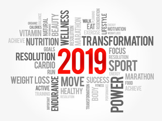2019 health and sport goals word cloud, concept background
