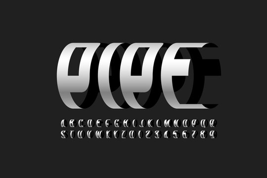Modern font Pipe, three-dimensional alphabet letters and numbers