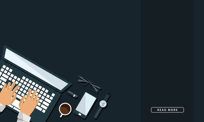 Illustration of Office Workspace Table Computer Business Flat Design Top View. Free Space Text