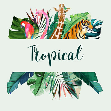 Summer frame with tropical jungle leaves, pink flamingo, giraffe, parrot and tiger.Vector aloha illustration. Watercolor style