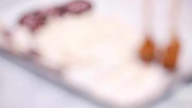 Close up view. Variety of marshmallow toppings with peppermint and chocolate for hot chocolate and cocoa drinks.