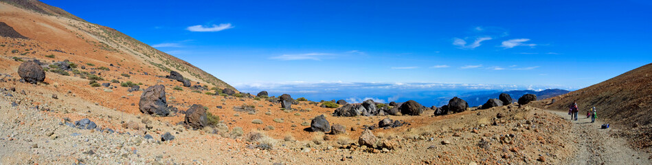 Fototapeta na wymiar tourists go along the trail to the volcano Teide and the eggs of Tenerife