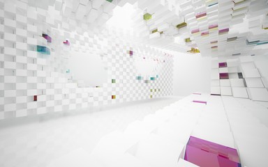 abstract architectural interior with white sculpture and geometric gradient glass box. 3D illustration and rendering