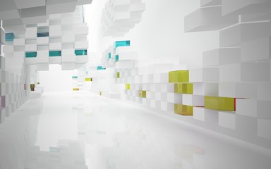 abstract architectural interior with white sculpture and geometric gradient glass box. 3D illustration and rendering