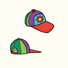 Colorful cap with sun, view from front and back, hand drawn doodle, sketch in woodcut style, color vector illustration