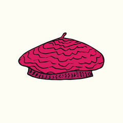 Knitted pink beret, hand drawn doodle, sketch in woodcut style, color vector illustration