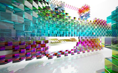 Obraz premium abstract architectural interior with gradient geometric glass sculpture. 3D illustration and rendering