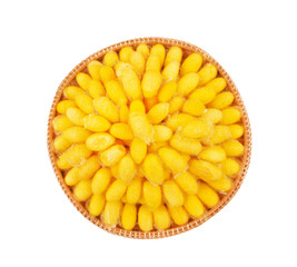 Top view gold silkworm net  cocoons group in basket isolated  on white background with clipping path,