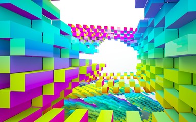Naklejka premium Abstract dynamic interior with gradient colored objects. 3D illustration and rendering