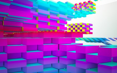 Abstract dynamic interior with gradient colored objects. 3D illustration and rendering