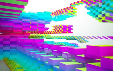 Naklejka premium Abstract dynamic interior with gradient colored objects. 3D illustration and rendering