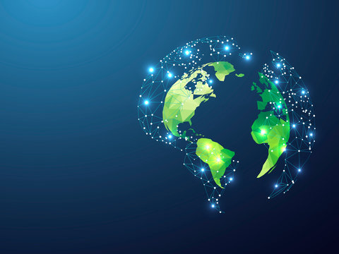 Green ECO planet Earth view from space. Low poly 3d illustration. Raster polygonal Ozone shield in the form of Globe with starry sky, consisting of points, lines, and shapes - Powered by Adobe