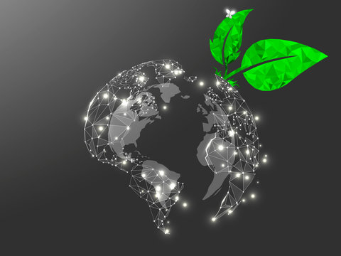 Gray planet Earth view from space. Low poly 3d illustration. Raster polygonal Ozone shield in the form of Globe with starry sky, consisting of points, lines, and shapes with green ECO leaf - Powered by Adobe