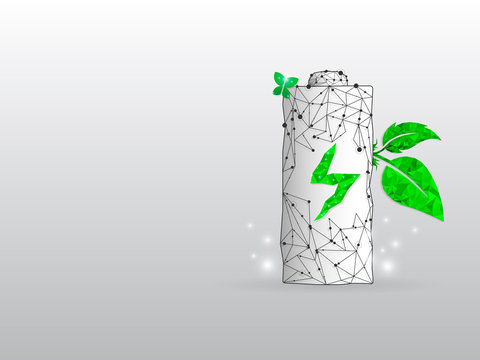 Battery Charging ECO energy form lines and triangles point with a green leaf that grows of it on white background. Low poly wireframe, polygonal raster image