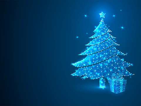 New year tree and gift box made from lines, triangles, point connecting network on blue background. Holiday wireframe concept. Low-poly Raster polygonal illustration