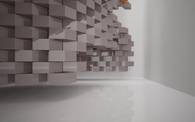 Abstract white interior of the future, with glossy brown and colored gradient sculpture. 3D illustration and rendering
