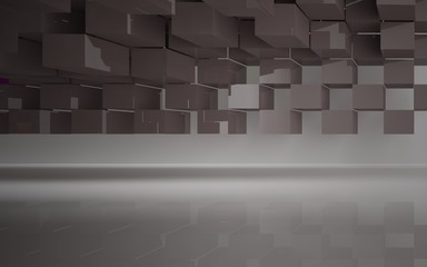 Abstract white interior of the future, with glossy brown and colored gradient sculpture. 3D illustration and rendering