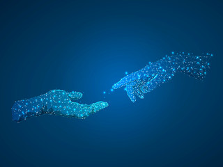 Hands connection, business conversation, Polygonal space low poly with connecting dots and lines. people communication concept. Connection wireframe structure. Raster on dark blue background