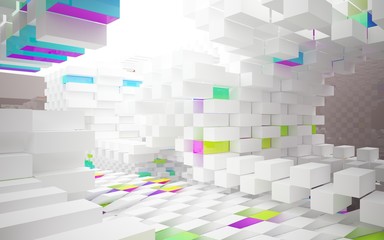 Abstract white and colored gradient interior of the future, with glossy brown wall and floor. 3D illustration and rendering