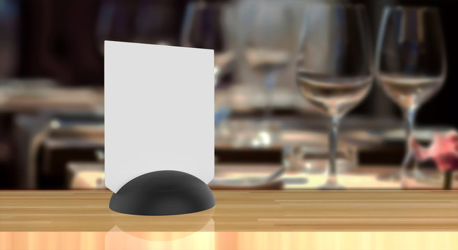 3d Mock up rendering label the blank menu frame in Bar restaurant ,Stand for booklets with white sheets paper acrylic tent card.
