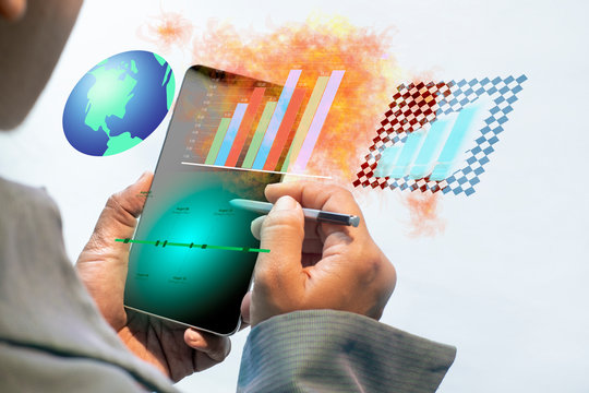 Using smartphone in doing business technology. Reports And Graphs Concept on smart mobile phone.