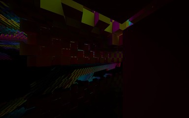 Abstract interior of the future in a minimalist style with gradient colored sculpture. Architectural background. 3D illustration and rendering
