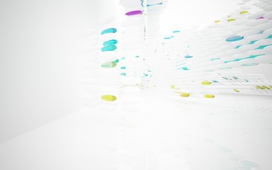 White smooth abstract architectural background whith colored gradient lines . 3D illustration and rendering
