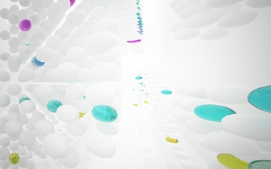 White smooth abstract architectural background whith colored gradient lines . 3D illustration and rendering