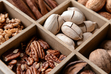 Assortment of nuts in divided box, closeup
