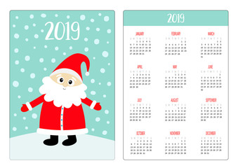 Santa Claus on snowdrift. Red hat. Pocket calendar layout 2019 new year. Vertical orientation. Week starts Sunday. Cute cartoon kawaii funny baby character. Flat design. Blue snow background.