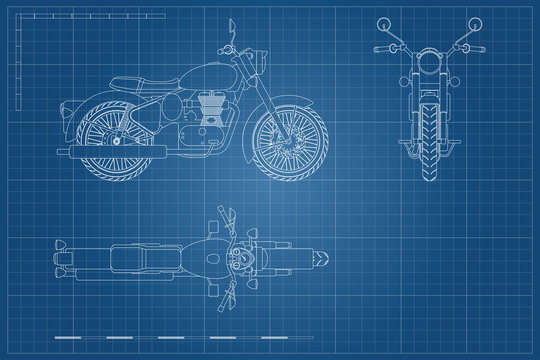 Blueprint of retro classic motorcycle in outline style. Side, top and front view. Industrial drawing of vintage motorbike