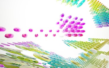 abstract architectural interior with colored smooth glass sculpture. 3D illustration and rendering