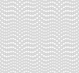 Abstract seamless pattern on light gray background. Has the shape of a wave. Consists of round geometric shapes. Polka dot. Useful as design element for texture and artistic compositions. - obrazy, fototapety, plakaty