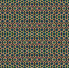 Abstract seamless pattern on a blue background. Consists of colored round geometric shapes. Polka dot. Useful as design element for texture and artistic compositions.