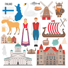 Set with architecture, national flag, costume, map and other Finland symbols in flat style. Vector illustration