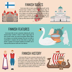 Finland banner set with finnish sights, features, history. Vector illustration