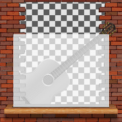 Musical pattern brick wall acoustic guitar and white frame with blank background.