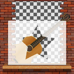 Musical pattern brick wall acoustic guitar and white frame with blank background.